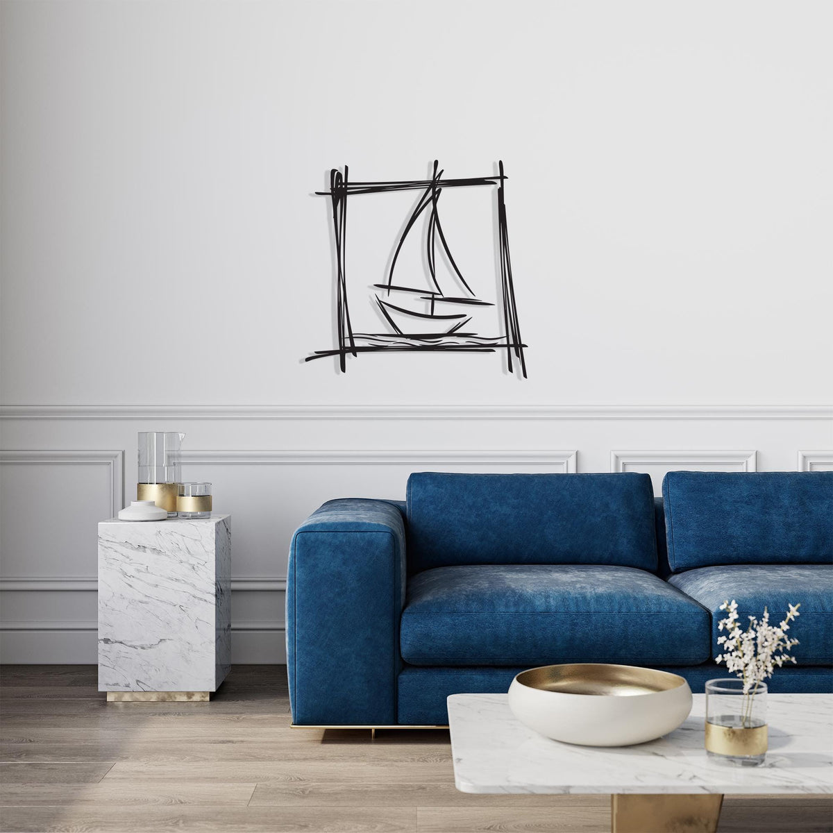 Minimalist Sailboat Metal Wall Art hanging hardware and mounting detail