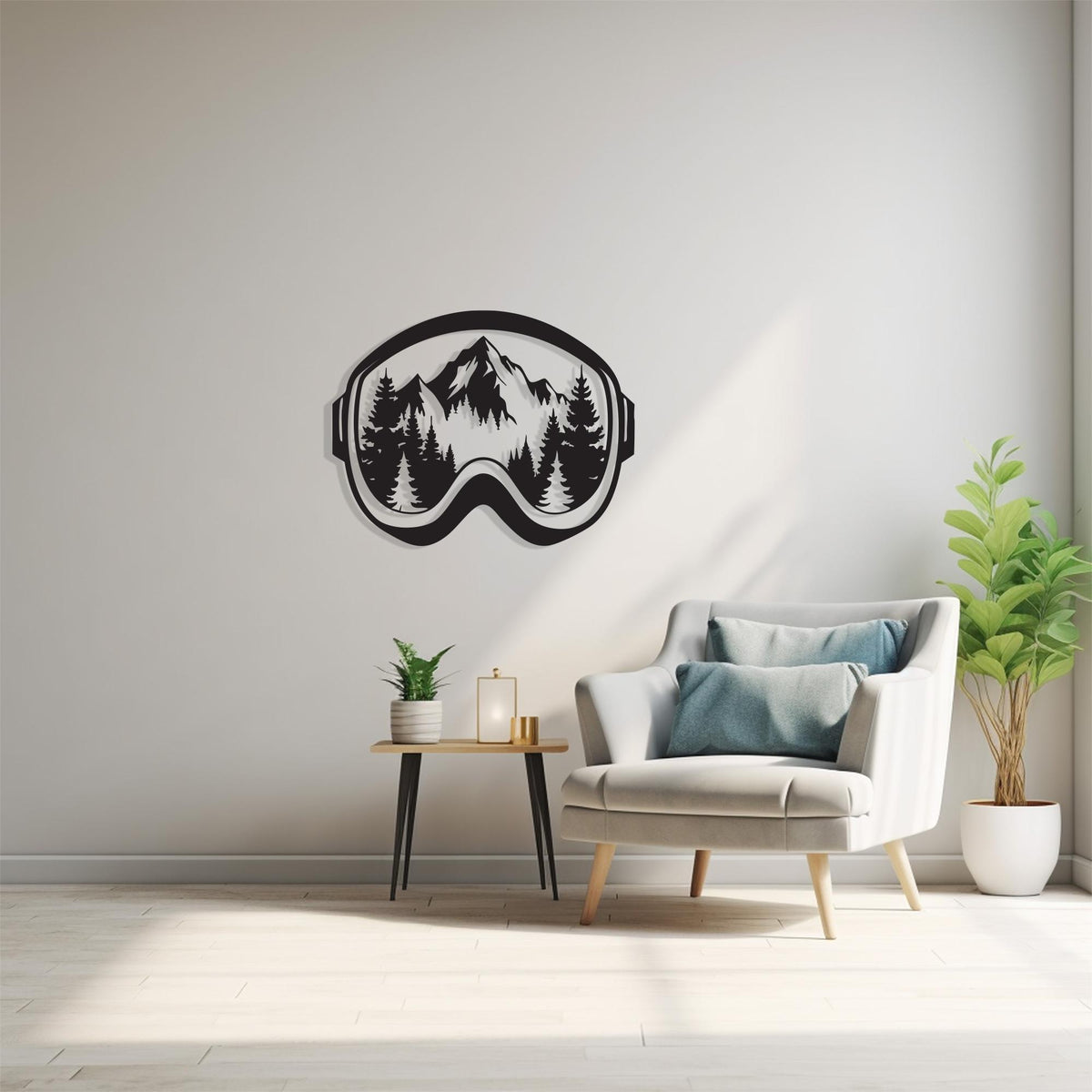 Ski Goggle Metal Wall Art in a modern hallway