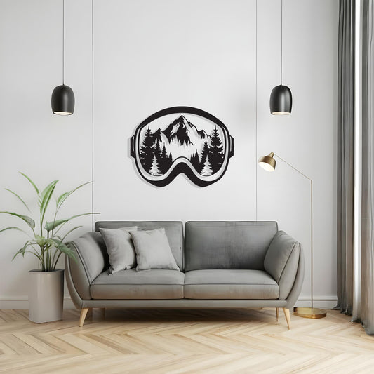 Ski Goggle Metal Wall Art shown on a living room wall
