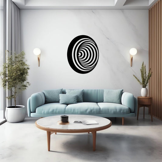 Optical Illusion Metal Wall Art shown on a living room wall