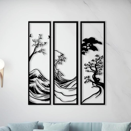 Japanese Metal Wall Art Set, Wave & Mount Fuji Decor, 3 Piece Japandi Sign | Wallsignature