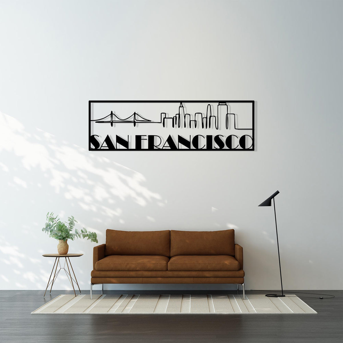San Francisco Skyline Metal Wall Art in a modern hallway