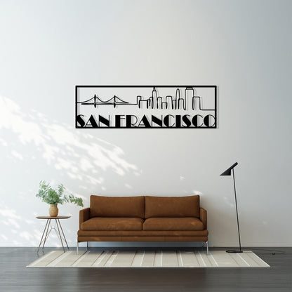 San Francisco Skyline Metal Wall Art in a modern hallway