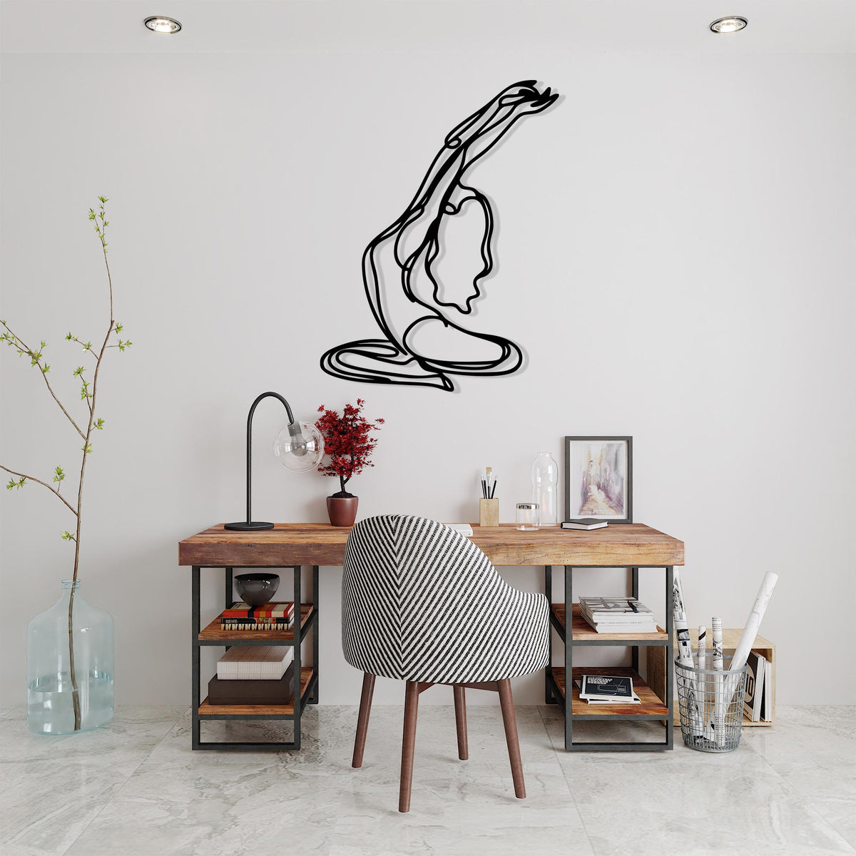 Minimalist Yoga Pose Metal Wall Art in a modern hallway