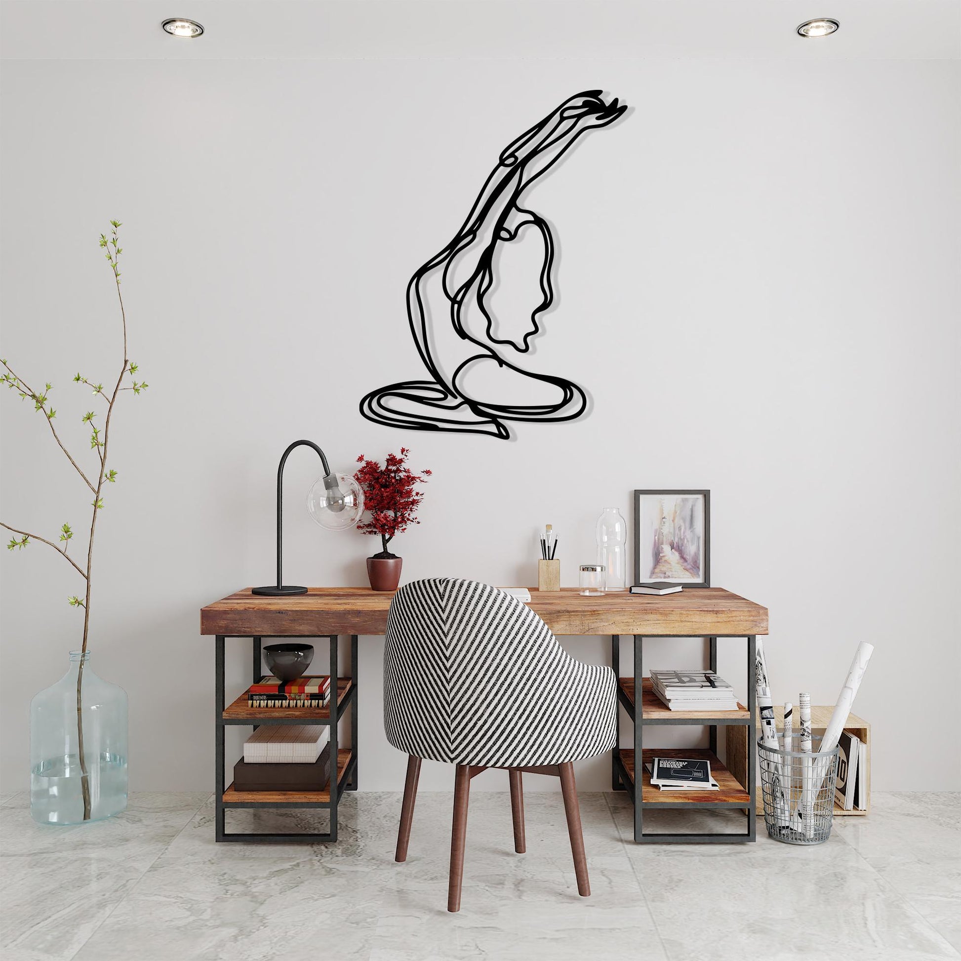 Minimalist Yoga Pose Metal Wall Art in a modern hallway