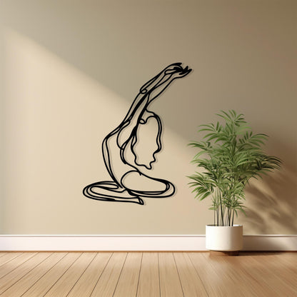 Minimalist Yoga Pose Metal Wall Art shown on a living room wall
