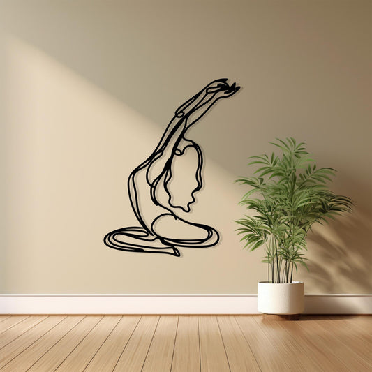 Minimalist Yoga Pose Metal Wall Art shown on a living room wall
