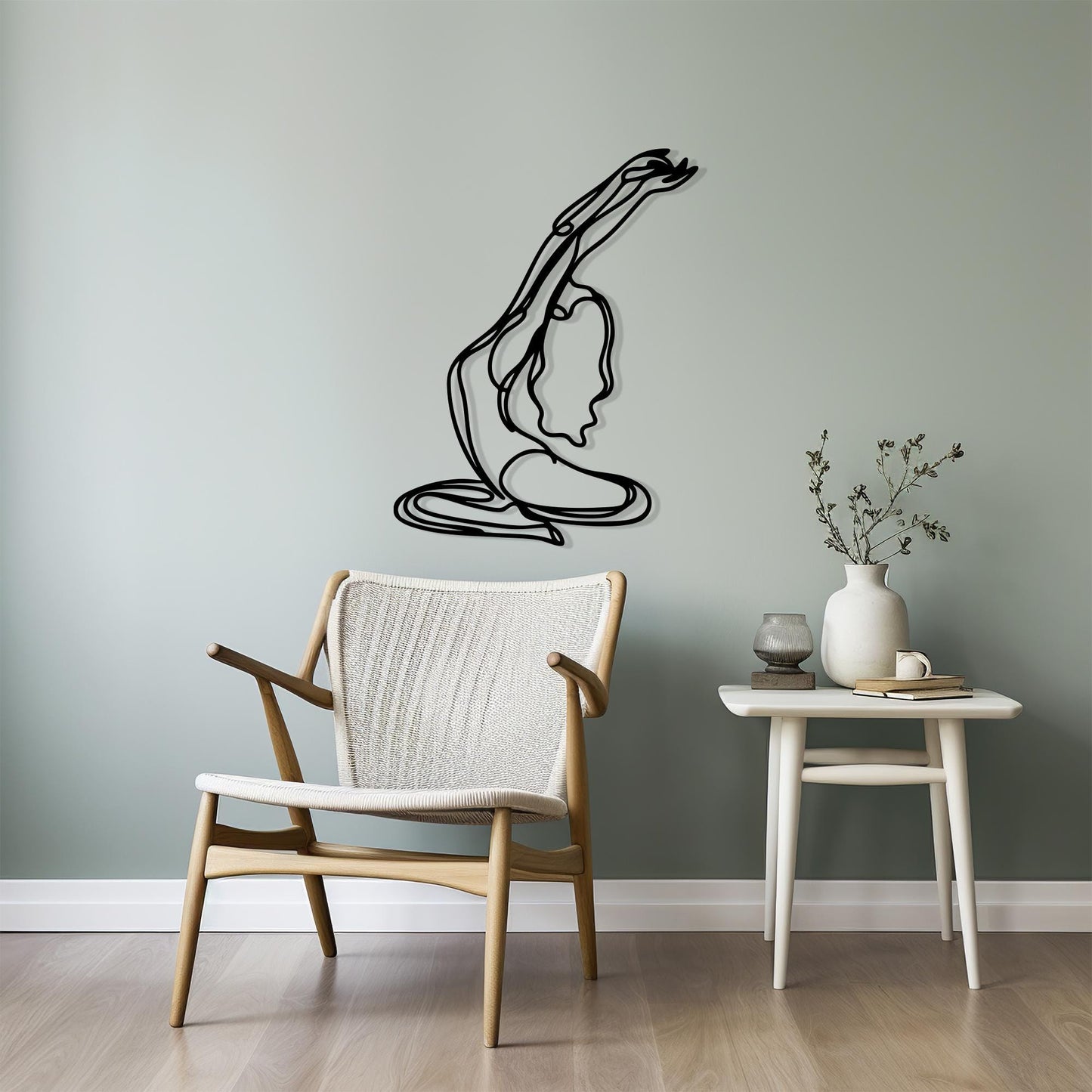 Minimalist Yoga Pose Metal Wall Art size guide with dimensions in cm and inches