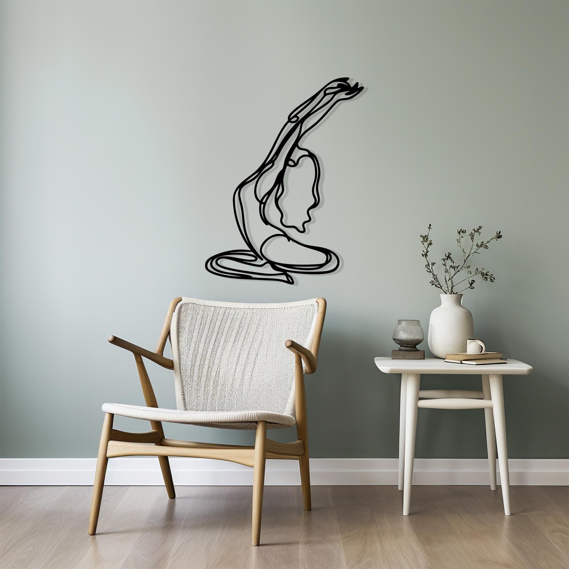 Minimalist Yoga Pose Metal Wall Art size guide with dimensions in cm and inches