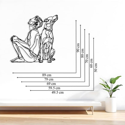 Modern Line Art Dog and Owner Metal Wall Decor styled above a sofa