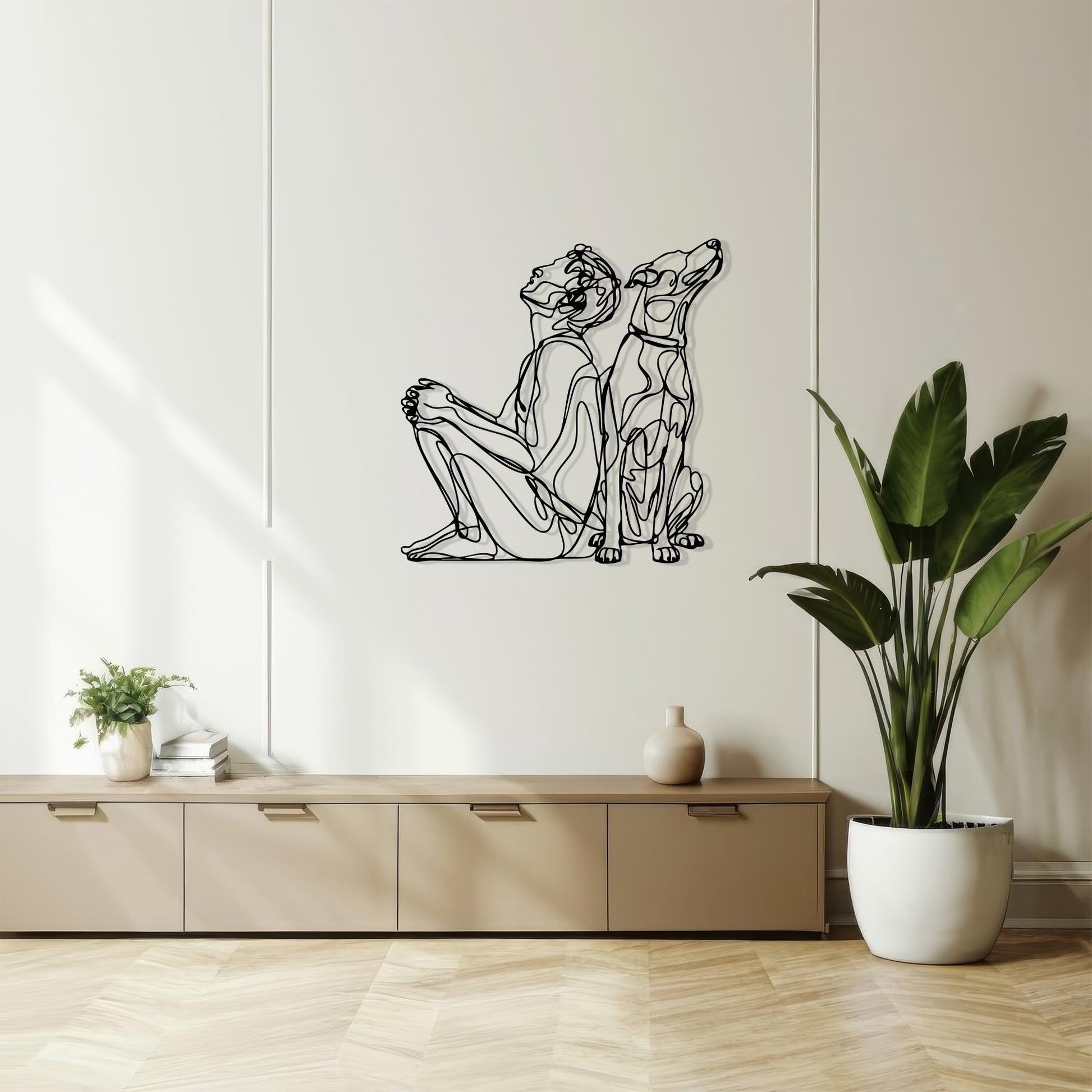 Modern Line Art Dog and Owner Metal Wall Decor detail of the metal edge