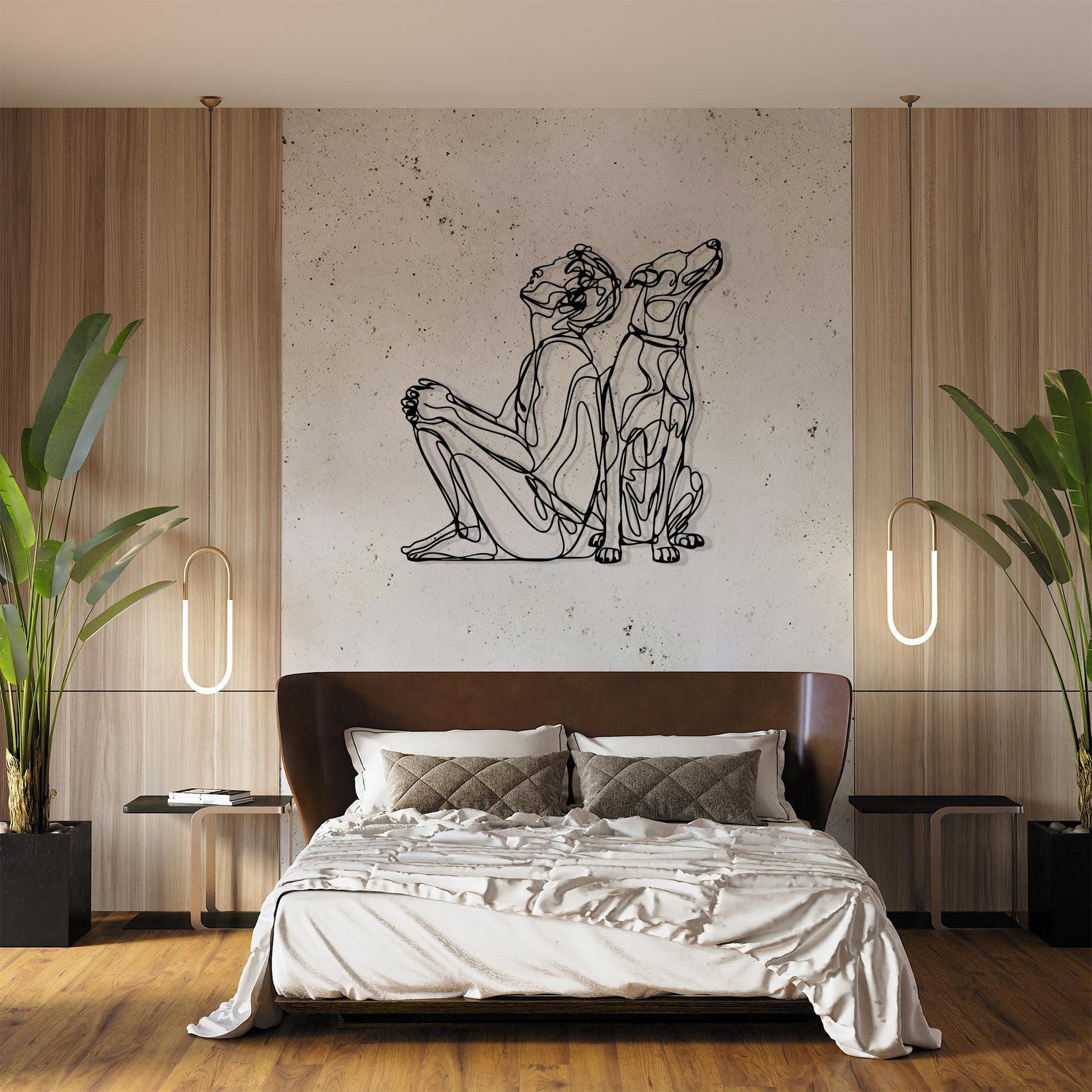 Modern Line Art Dog and Owner Metal Wall Decor in a modern hallway