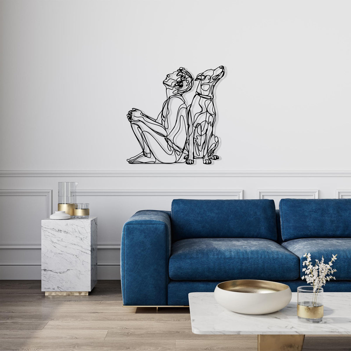 Modern Line Art Dog and Owner Metal Wall Decor hanging hardware and mounting detail