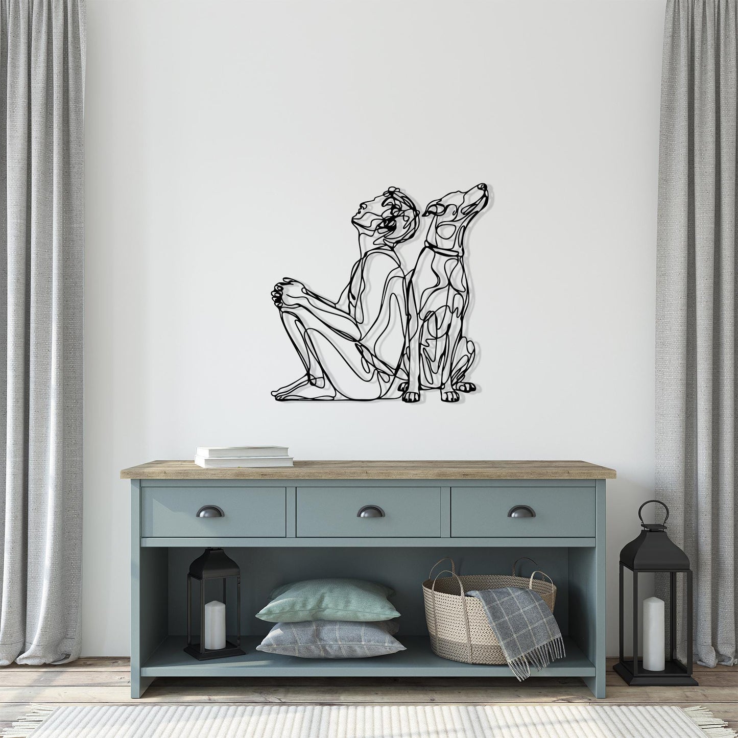 Modern Line Art Dog and Owner Metal Wall Decor close-up of the powder-coated finish