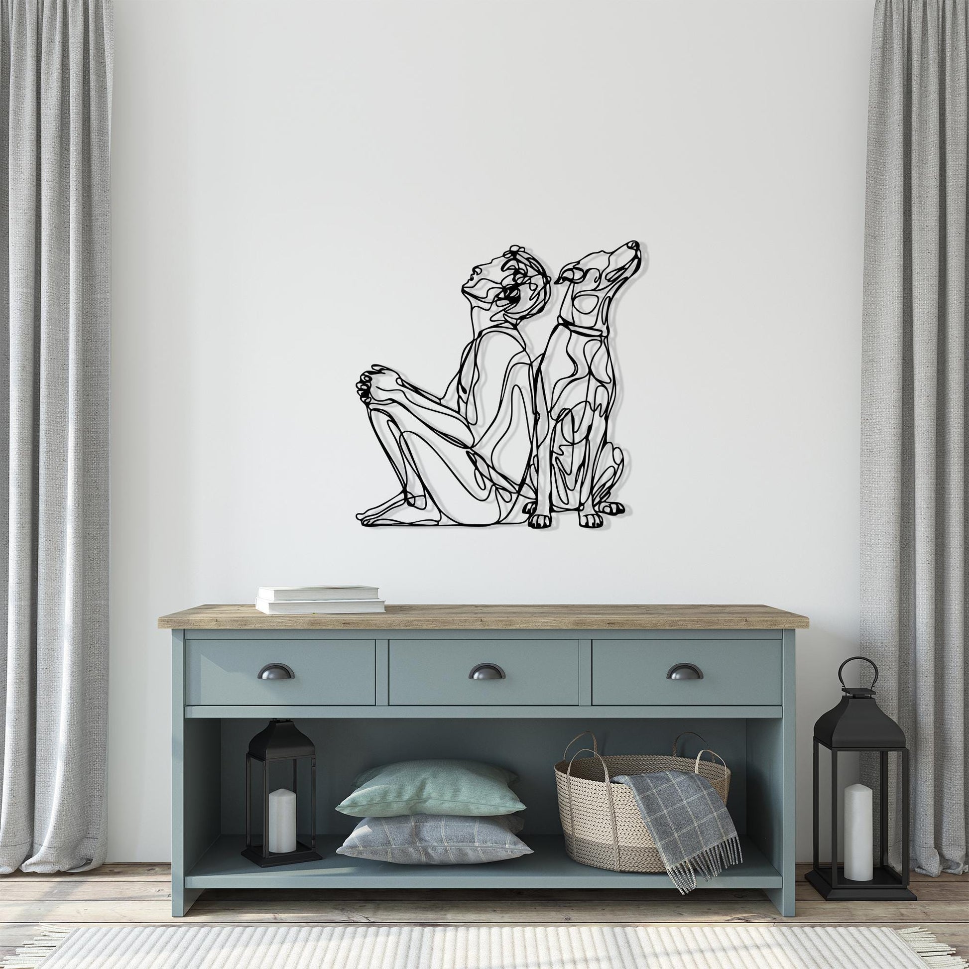 Modern Line Art Dog and Owner Metal Wall Decor close-up of the powder-coated finish