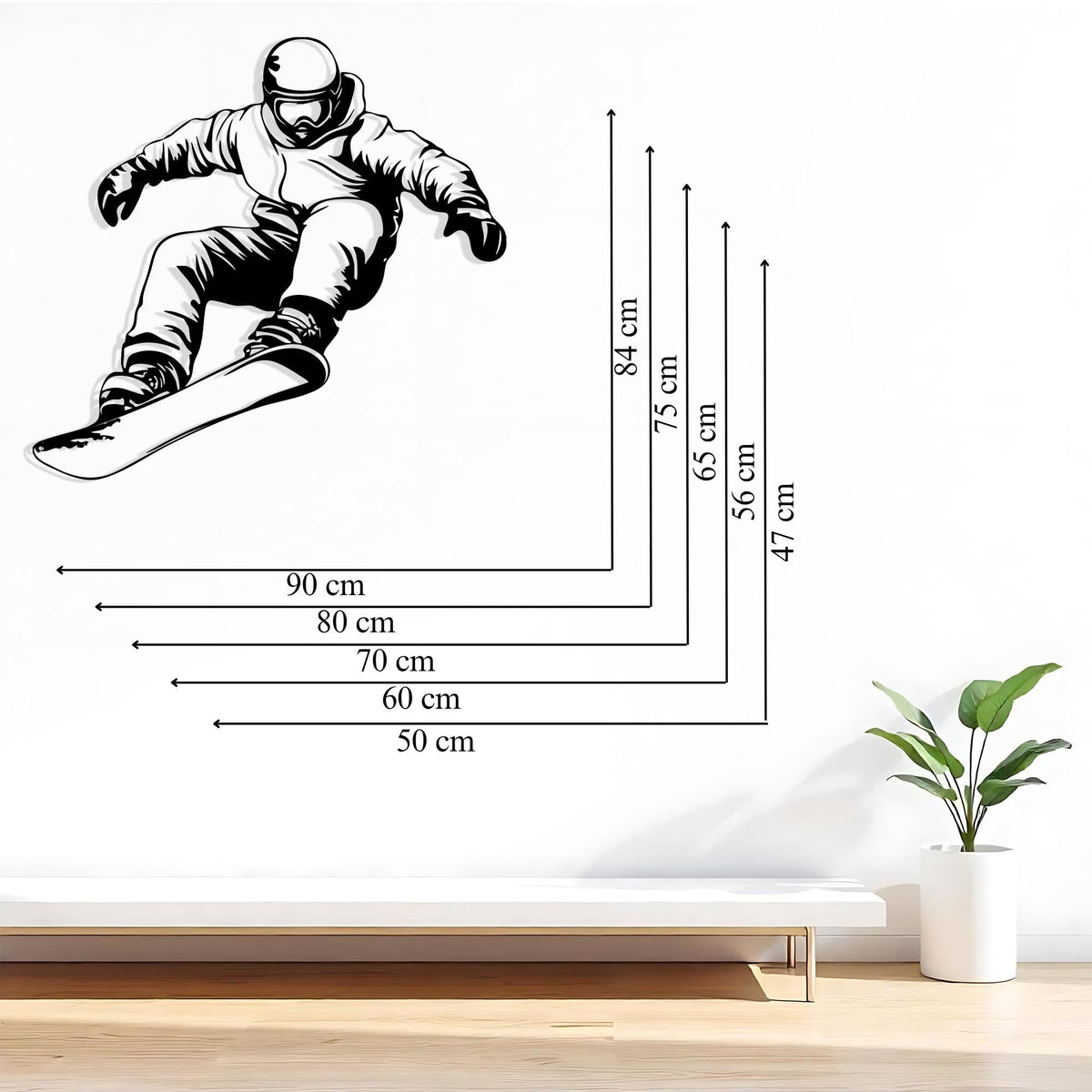 Snowboarder Metal Wall Art size guide in cm and inches