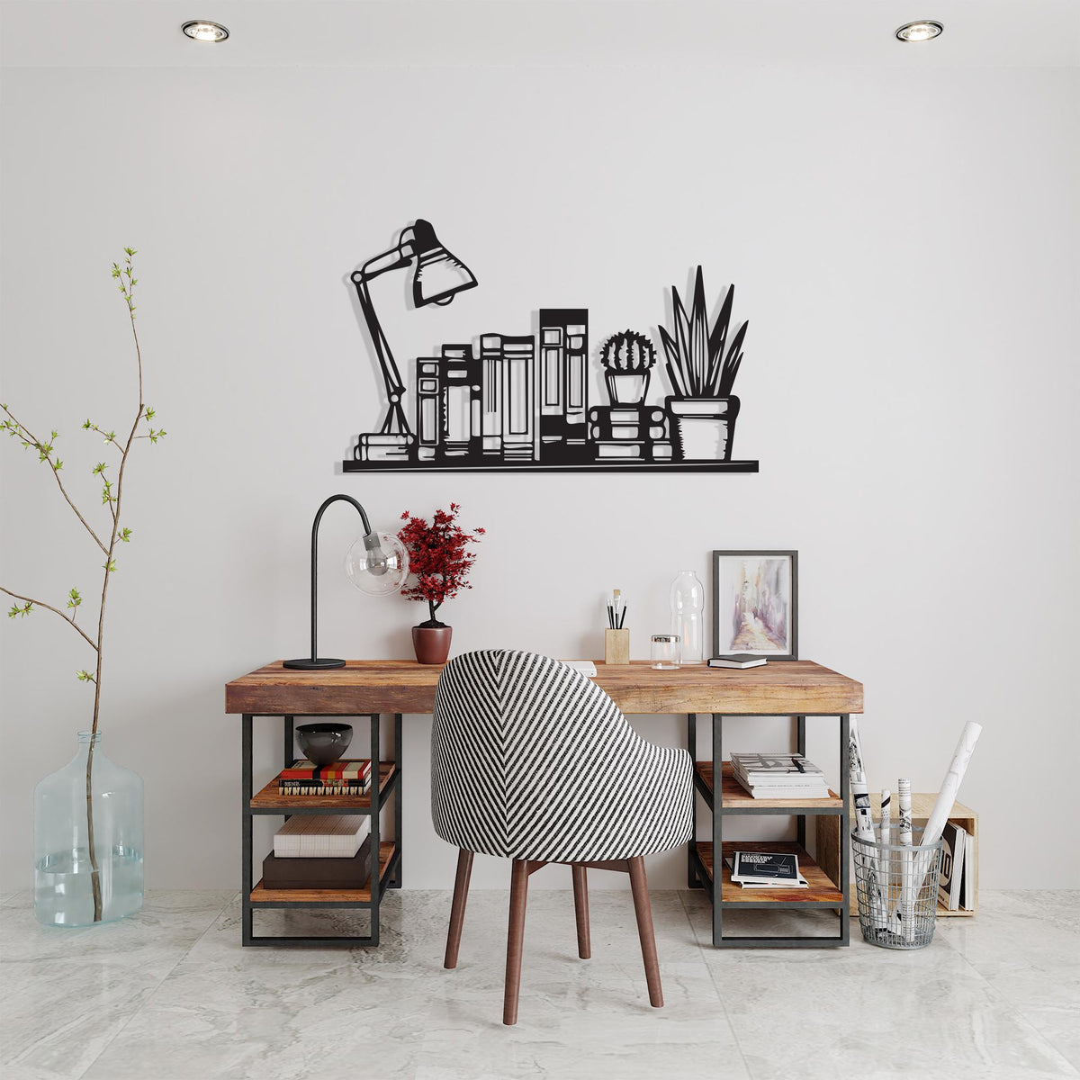 Black Metal Bookshelf Wall Art in a modern hallway