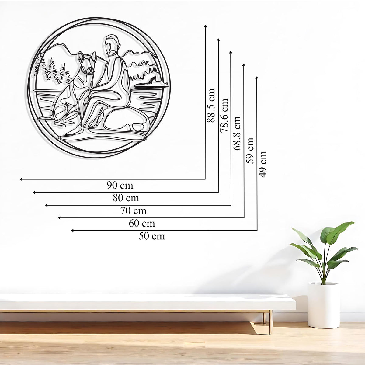 Minimalist Dog and Owner Metal Wall Art styled above a sofa