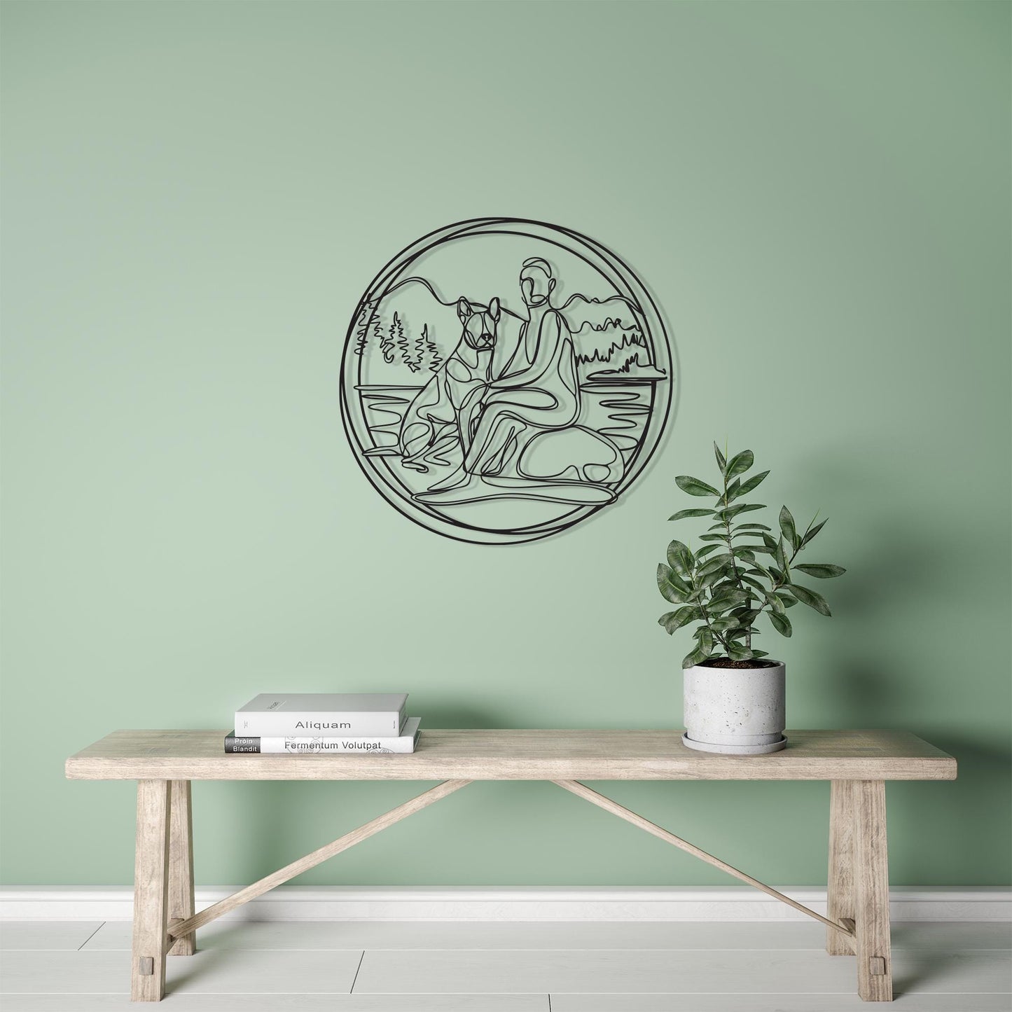 Minimalist Dog and Owner Metal Wall Art size guide with dimensions in cm and inches