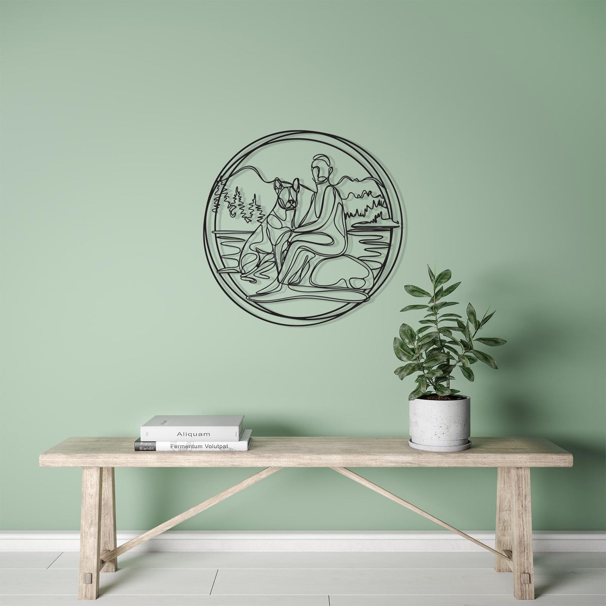 Minimalist Dog and Owner Metal Wall Art size guide with dimensions in cm and inches