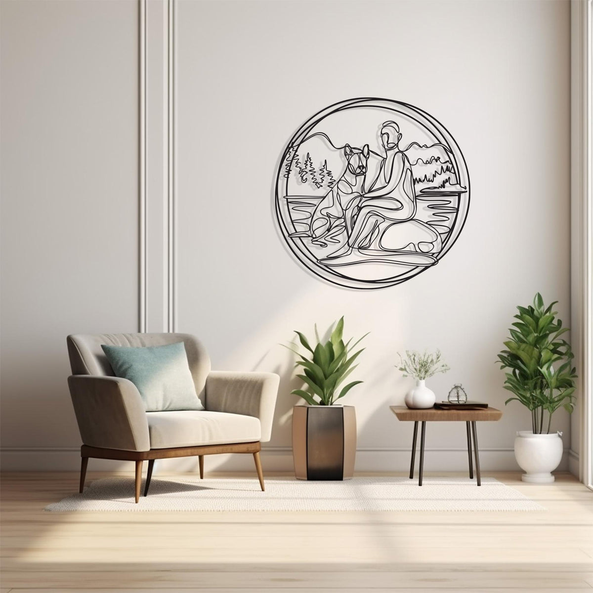 Minimalist Dog and Owner Metal Wall Art in a modern hallway