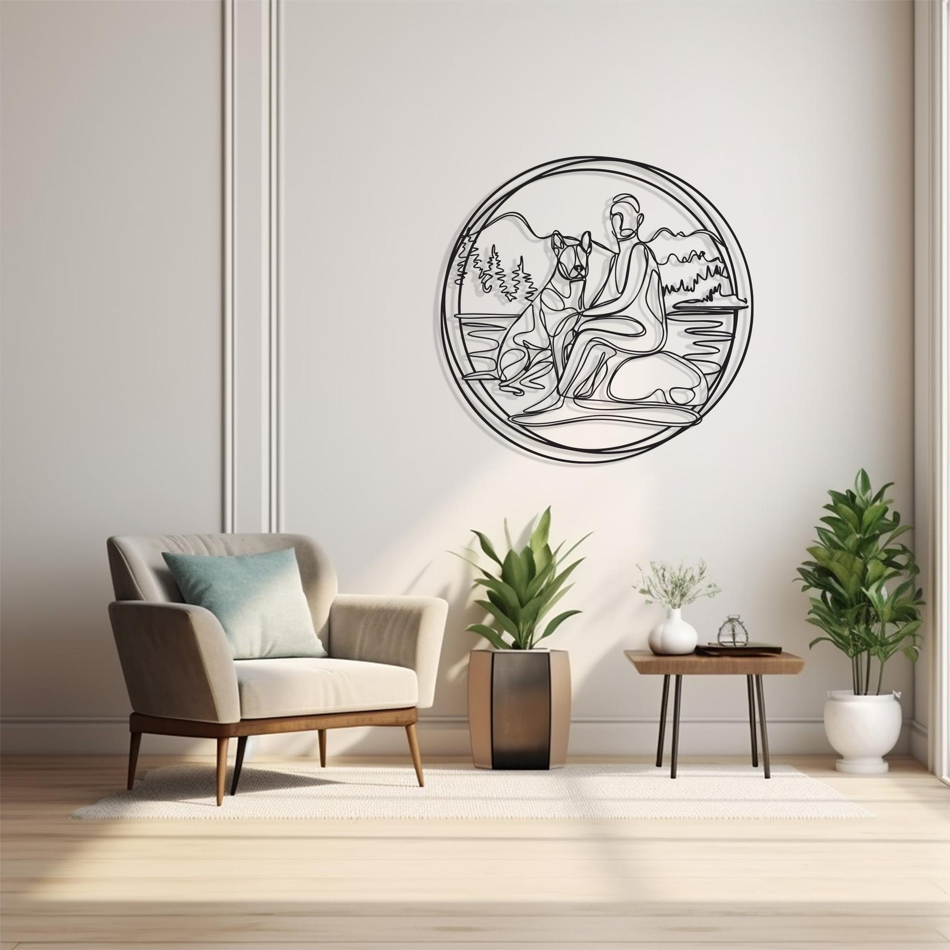Minimalist Dog and Owner Metal Wall Art in a modern hallway