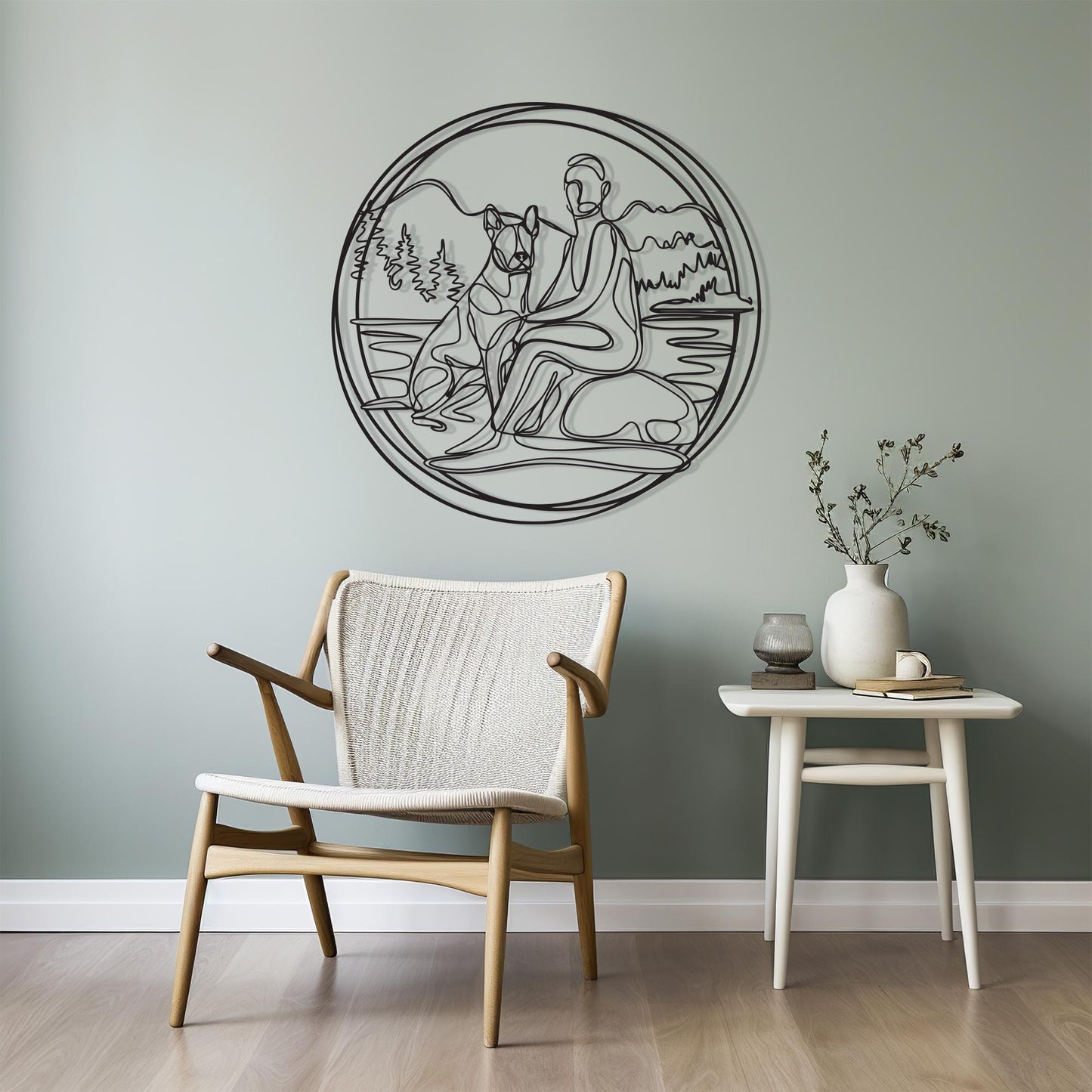 Minimalist Dog and Owner Metal Wall Art hanging hardware and mounting detail
