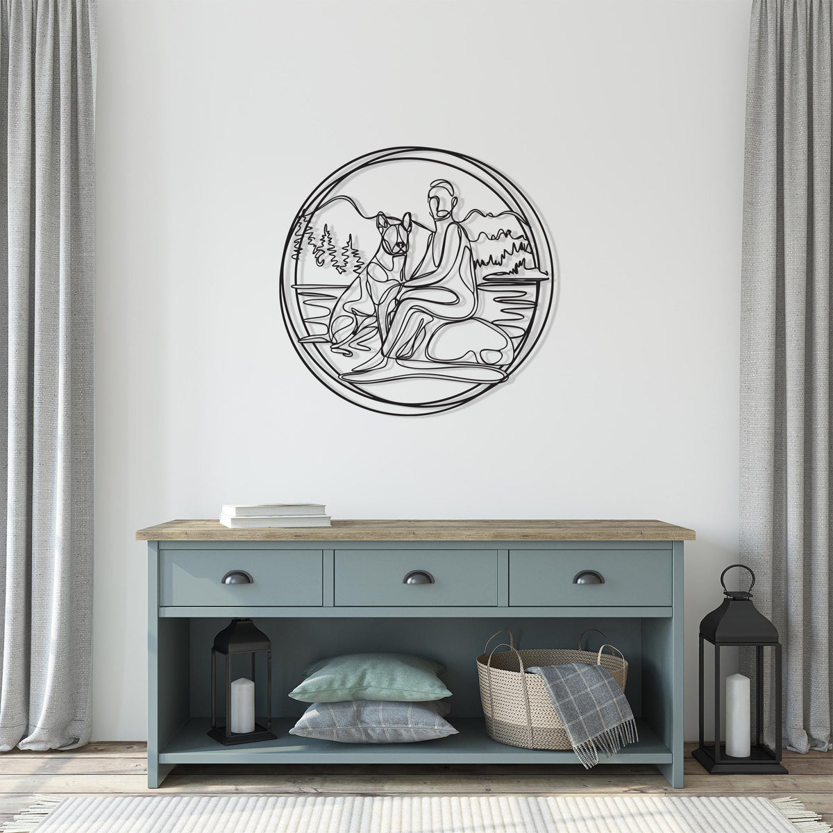 Minimalist Dog and Owner Metal Wall Art shown on a living room wall
