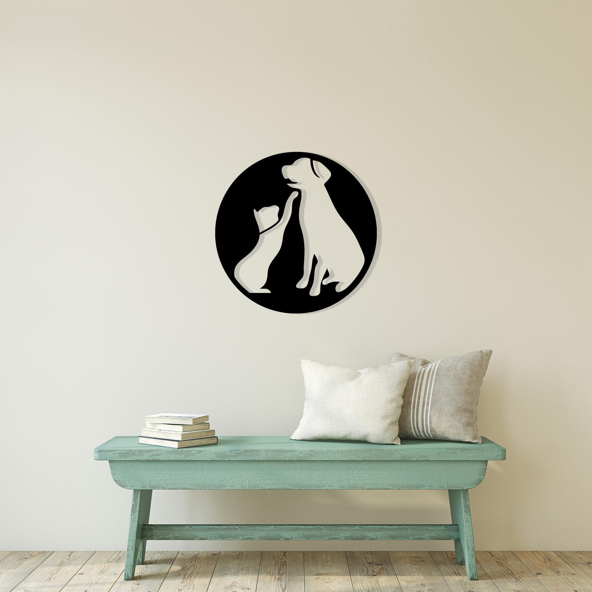 Cat and Dog Metal Wall Art in a modern hallway