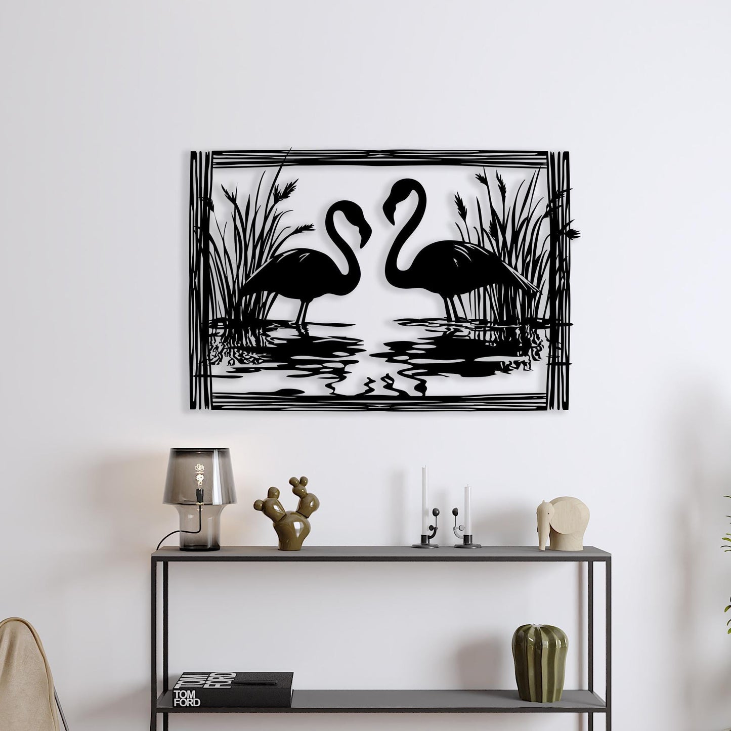 Flamingo Metal Wall Art, Romantic Black Steel Bird Silhouette | Wallsignature