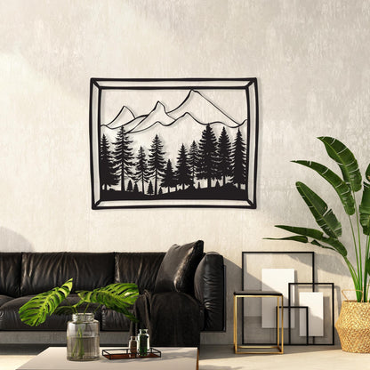 Mountain Forest Metal Wall Art shown on a living room wall