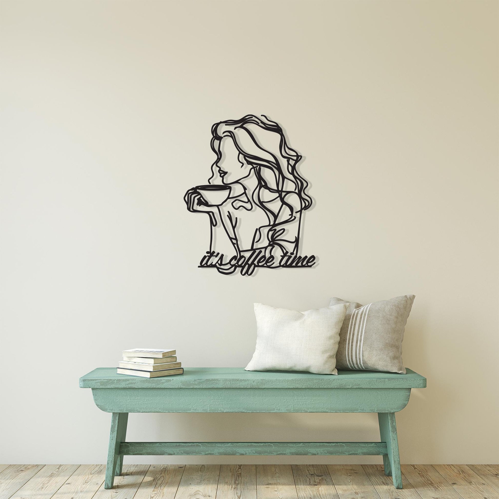 Coffee Time Metal Wall Art, Modern Woman One Line Design | Wallsignature