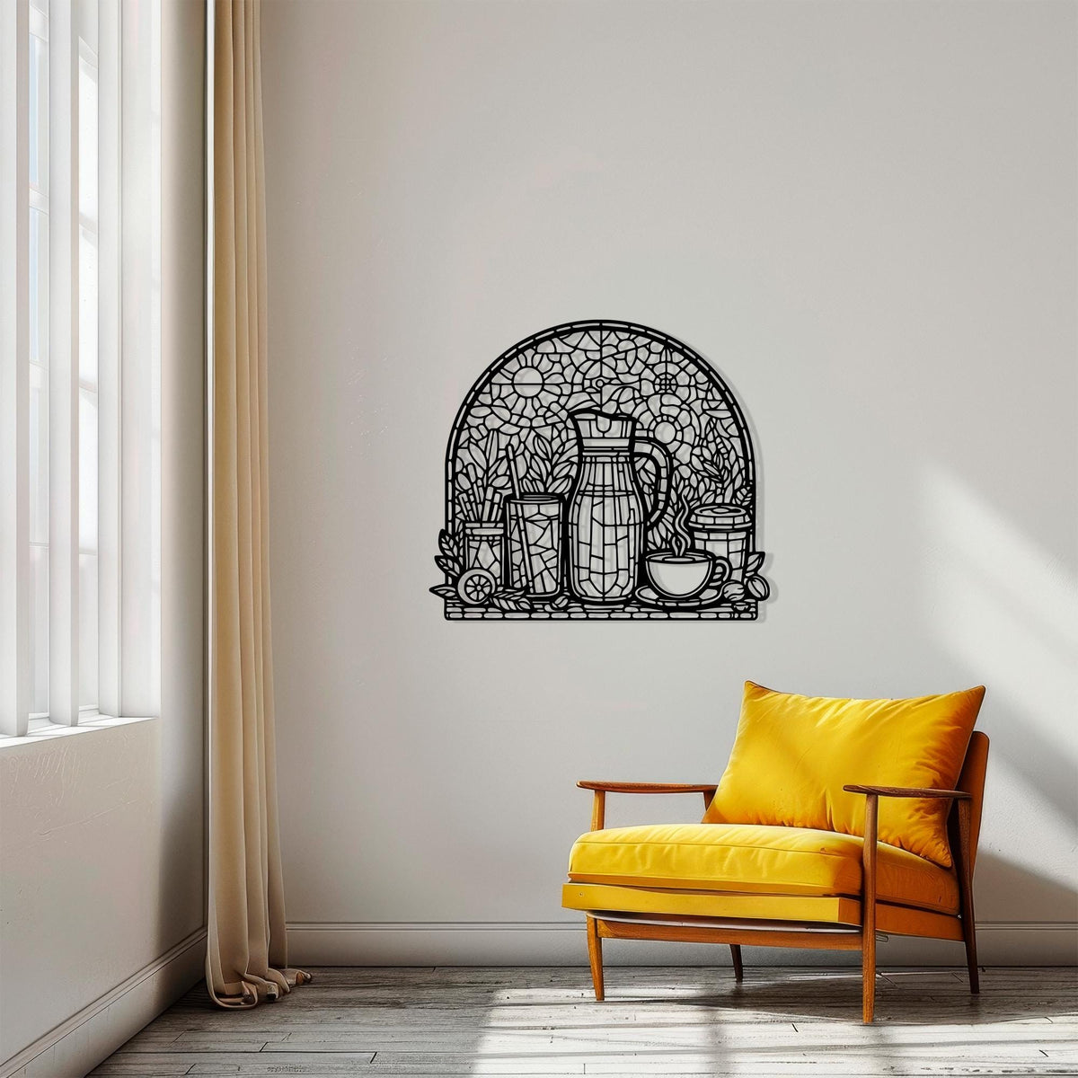 Stained Glass Style Coffee Bar Metal Wall Art in a modern hallway