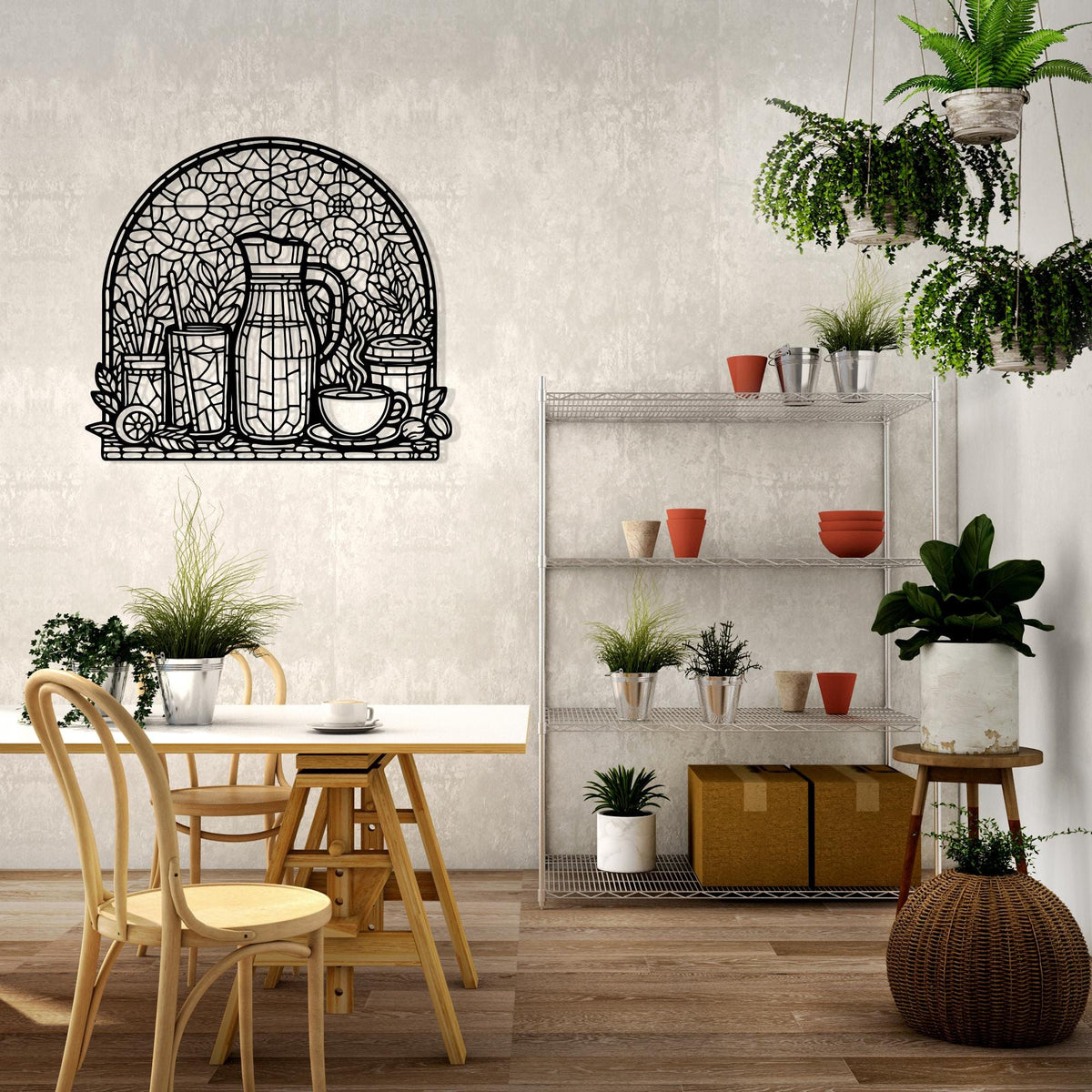 Stained Glass Style Coffee Bar Metal Wall Art size guide with dimensions in cm and inches