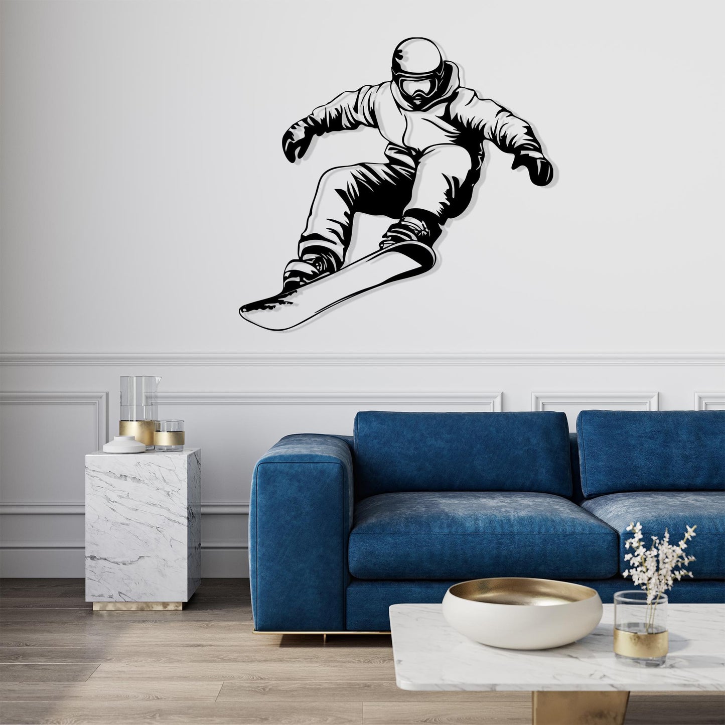 Snowboarder Metal Wall Art shown in a modern interior