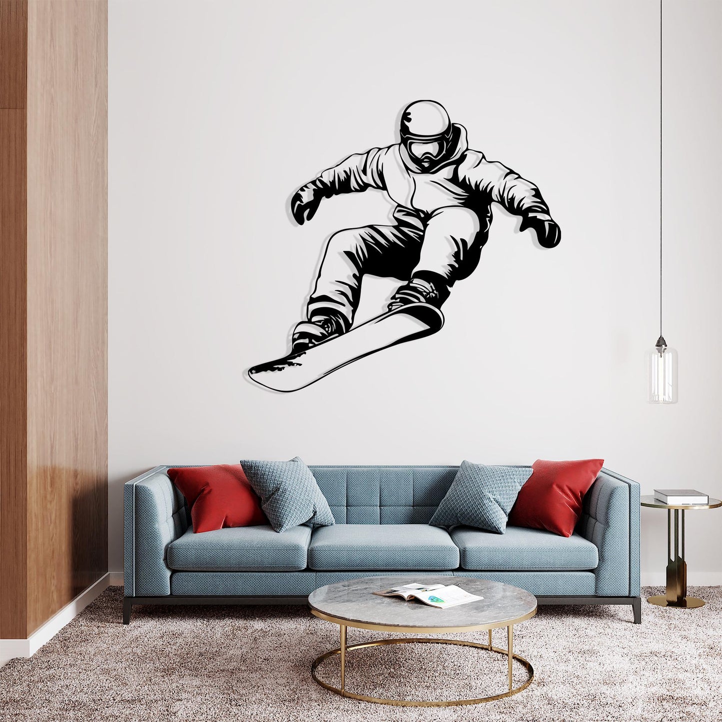 Snowboarder Metal Wall Art styled on a living room wall