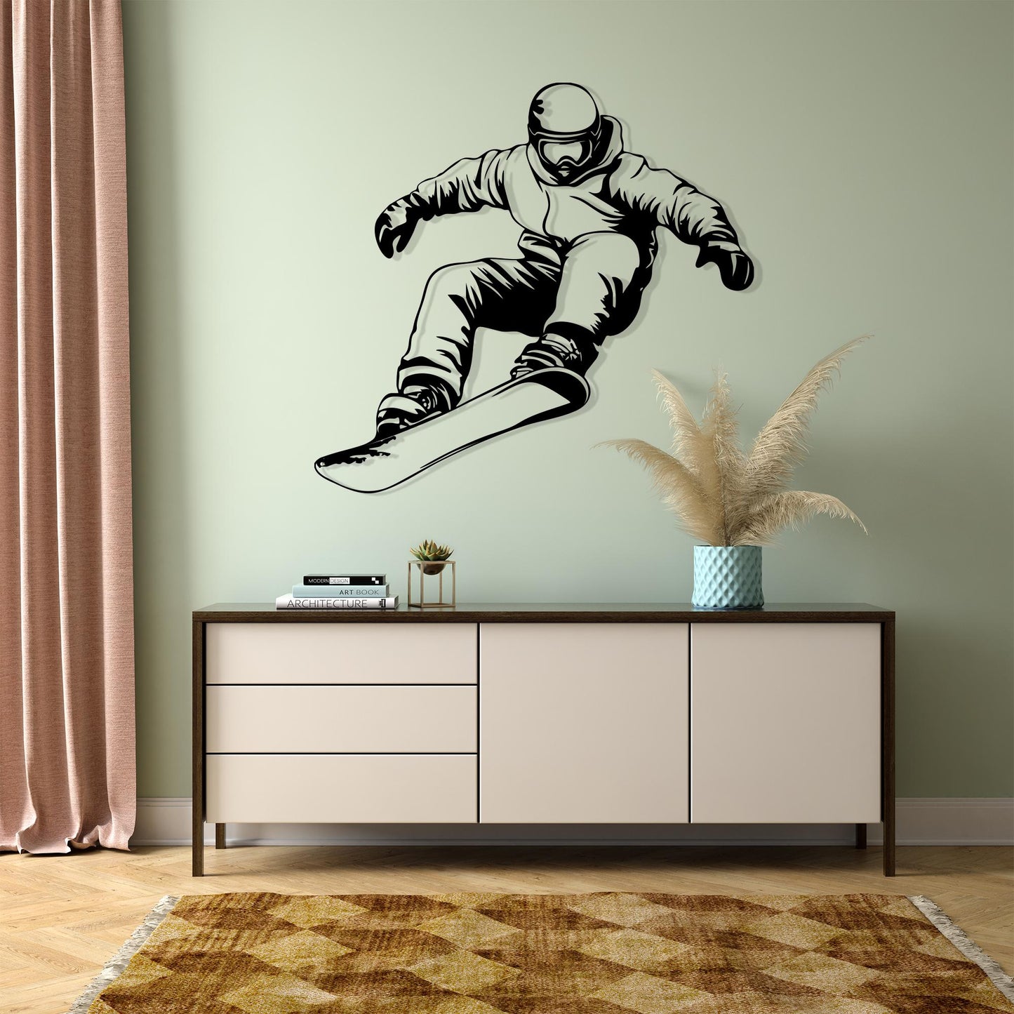 Snowboarder Metal Wall Art styled above a sofa