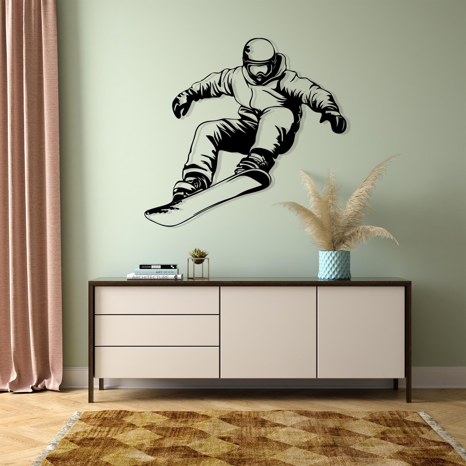 Snowboarder Metal Wall Art styled above a sofa