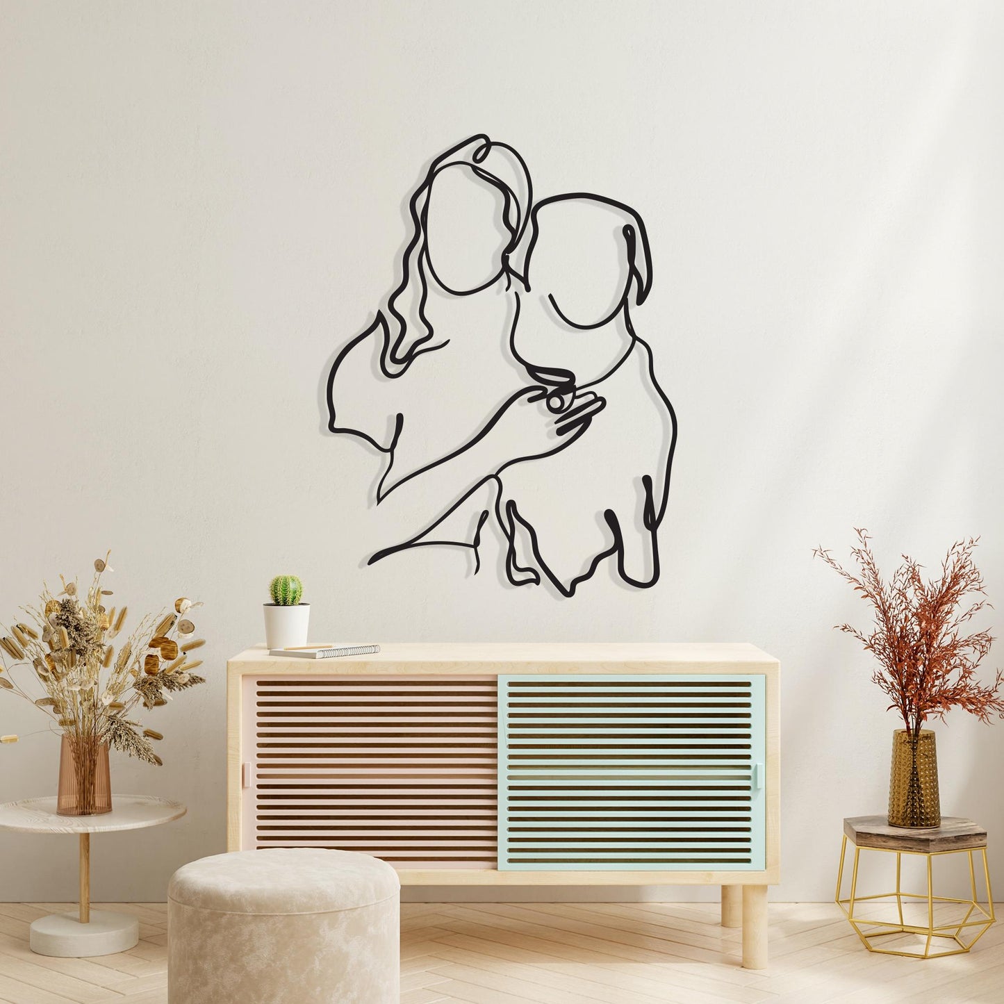 Dog Mom Metal Wall Art, Minimalist Line Decor, Pet Memorial Gift, Woman Hugging Puppy | Wallsignature