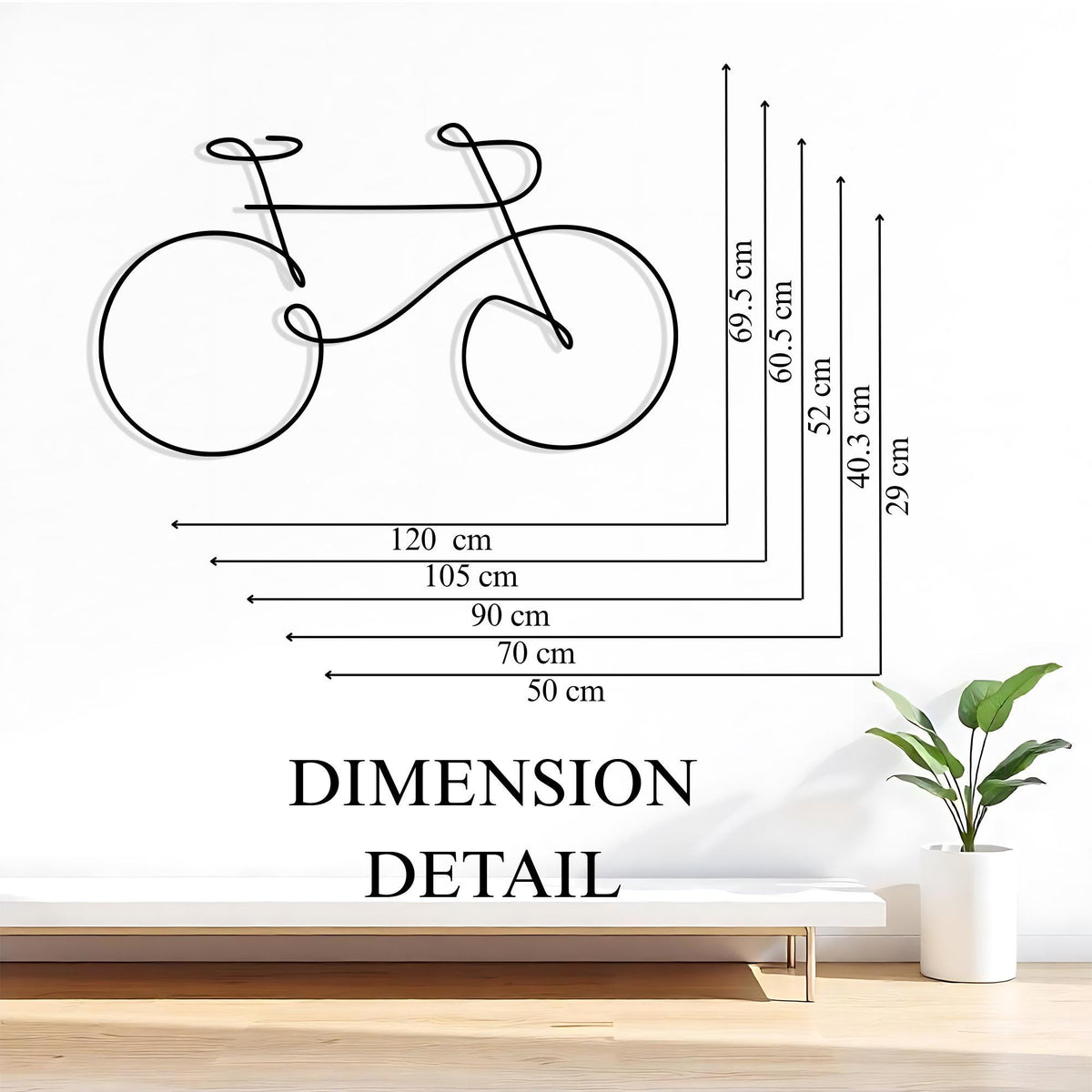 One Line Bicycle Metal Wall Art styled above a sofa
