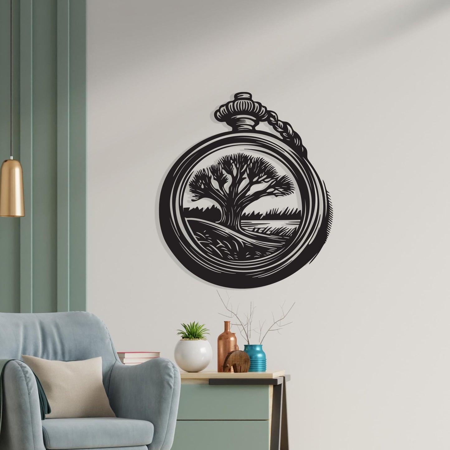 Vintage Pocket Watch Metal Wall Art in a modern hallway