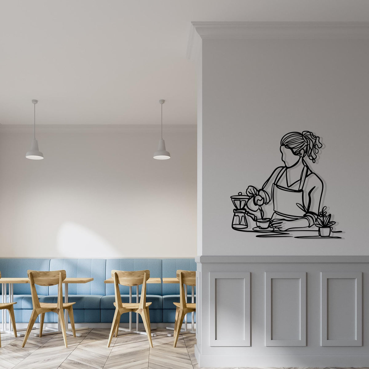 Barista Line Art Metal Wall Decor in a modern hallway