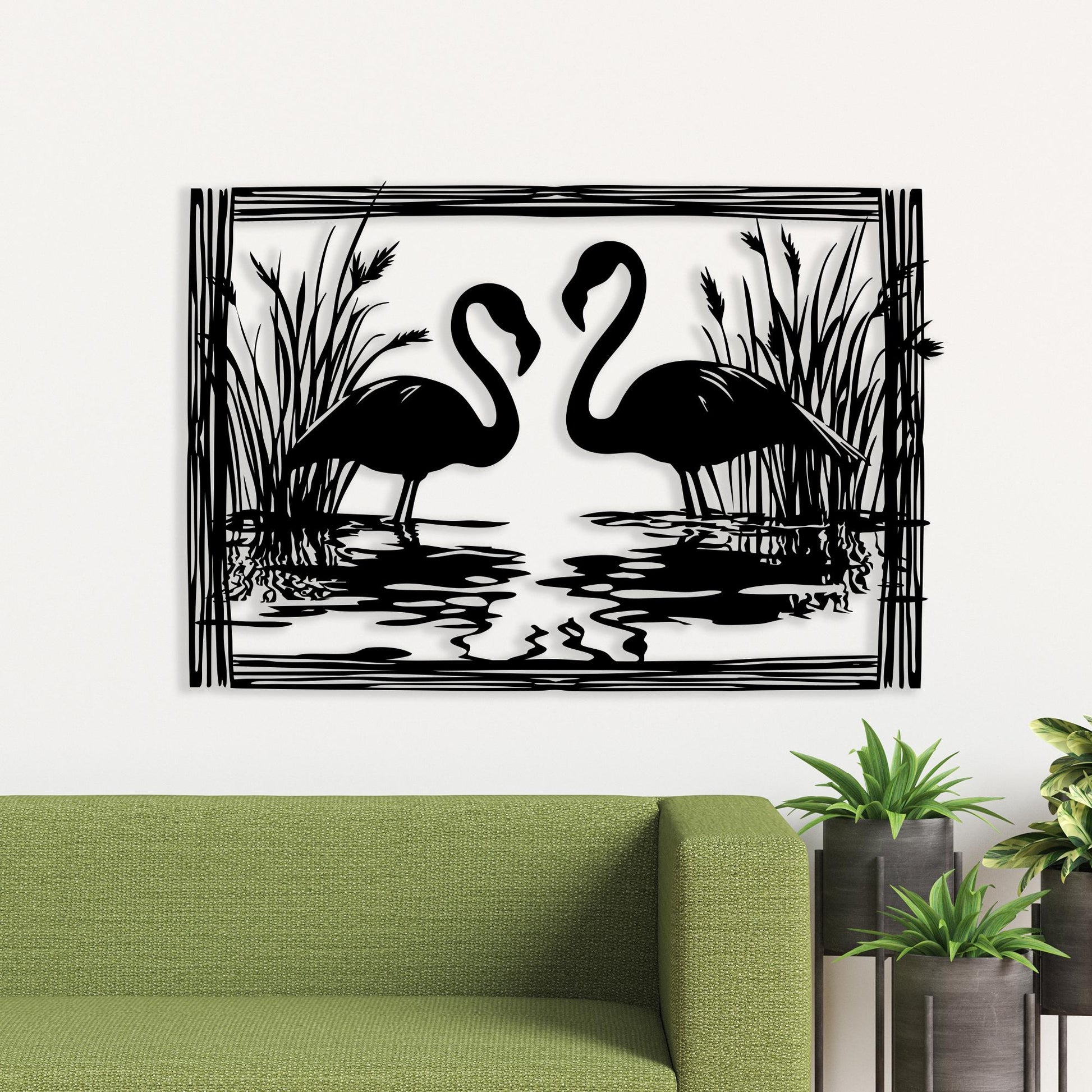 Flamingo Metal Wall Art, Romantic Black Steel Bird Silhouette | Wallsignature