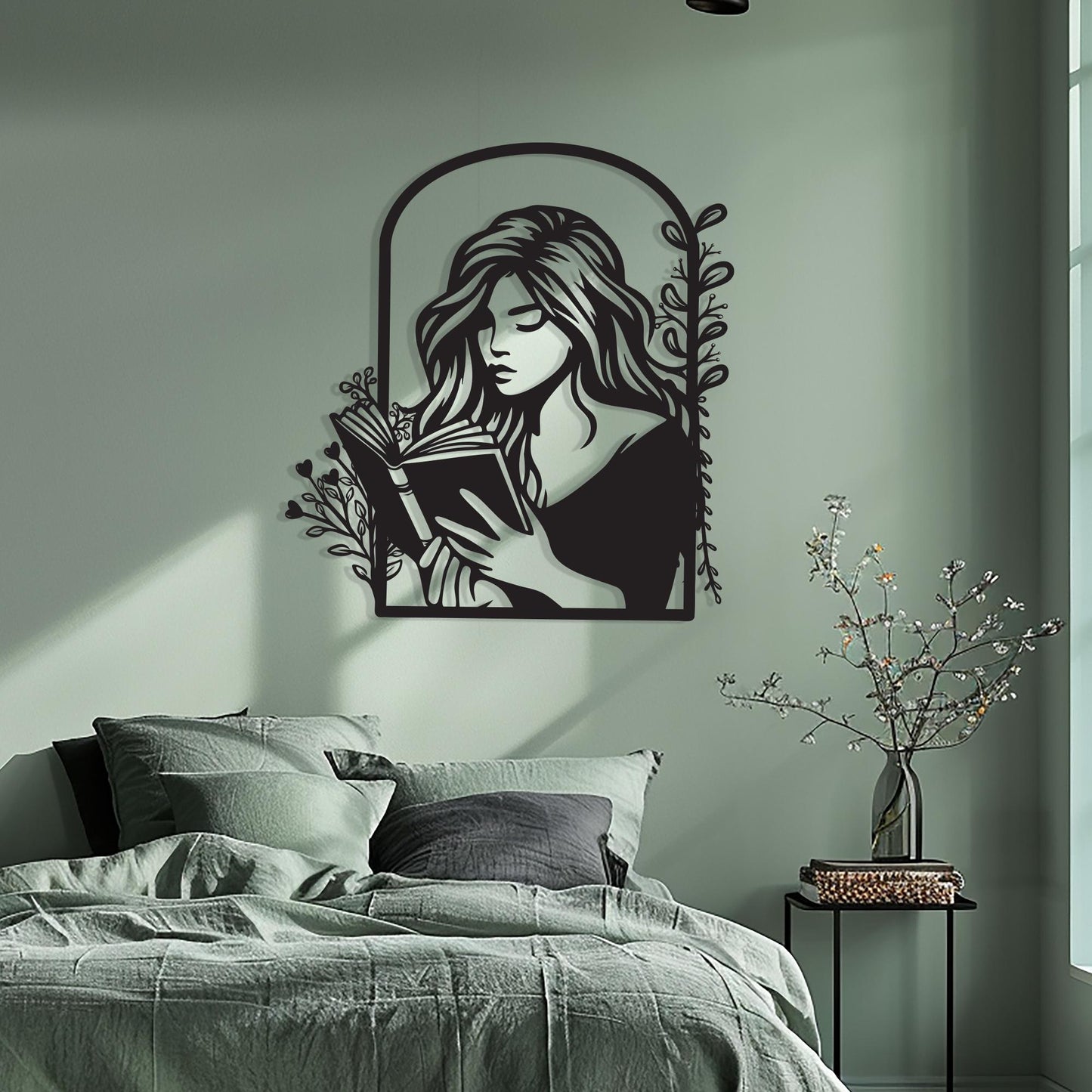 Metal Woman Reading Wall Art in a modern hallway