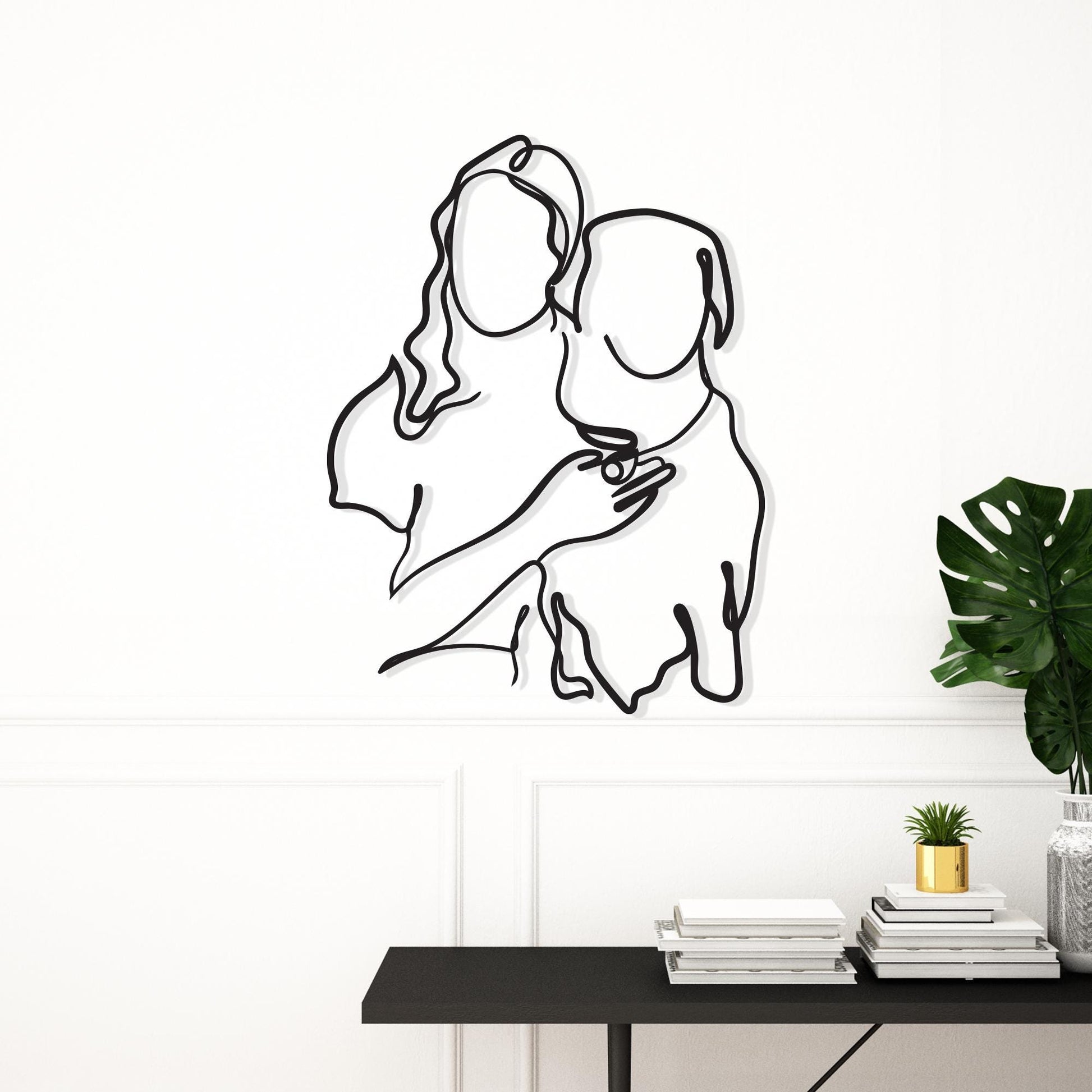 Dog Mom Metal Wall Art, Minimalist Line Decor, Pet Memorial Gift, Woman Hugging Puppy | Wallsignature