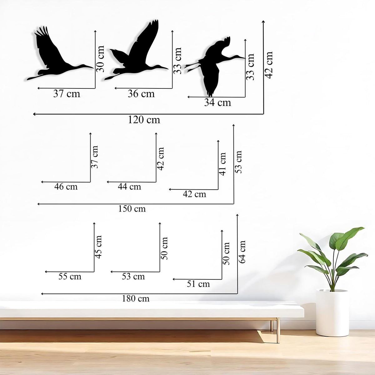 Set of 3 Flying Metal Birds Wall Art in a modern hallway