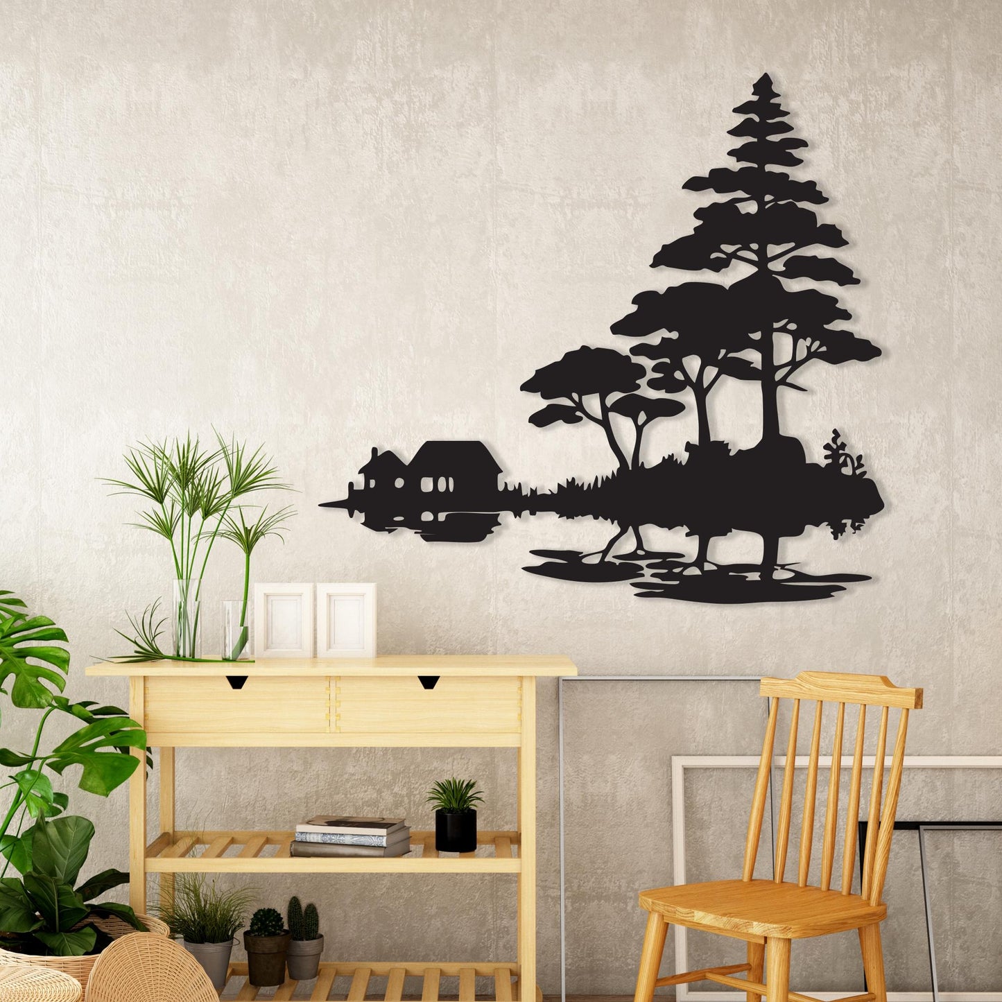 Cabin Lake Metal Wall Art, Rustic Nature Silhouette, Modern Decor | Wallsignature
