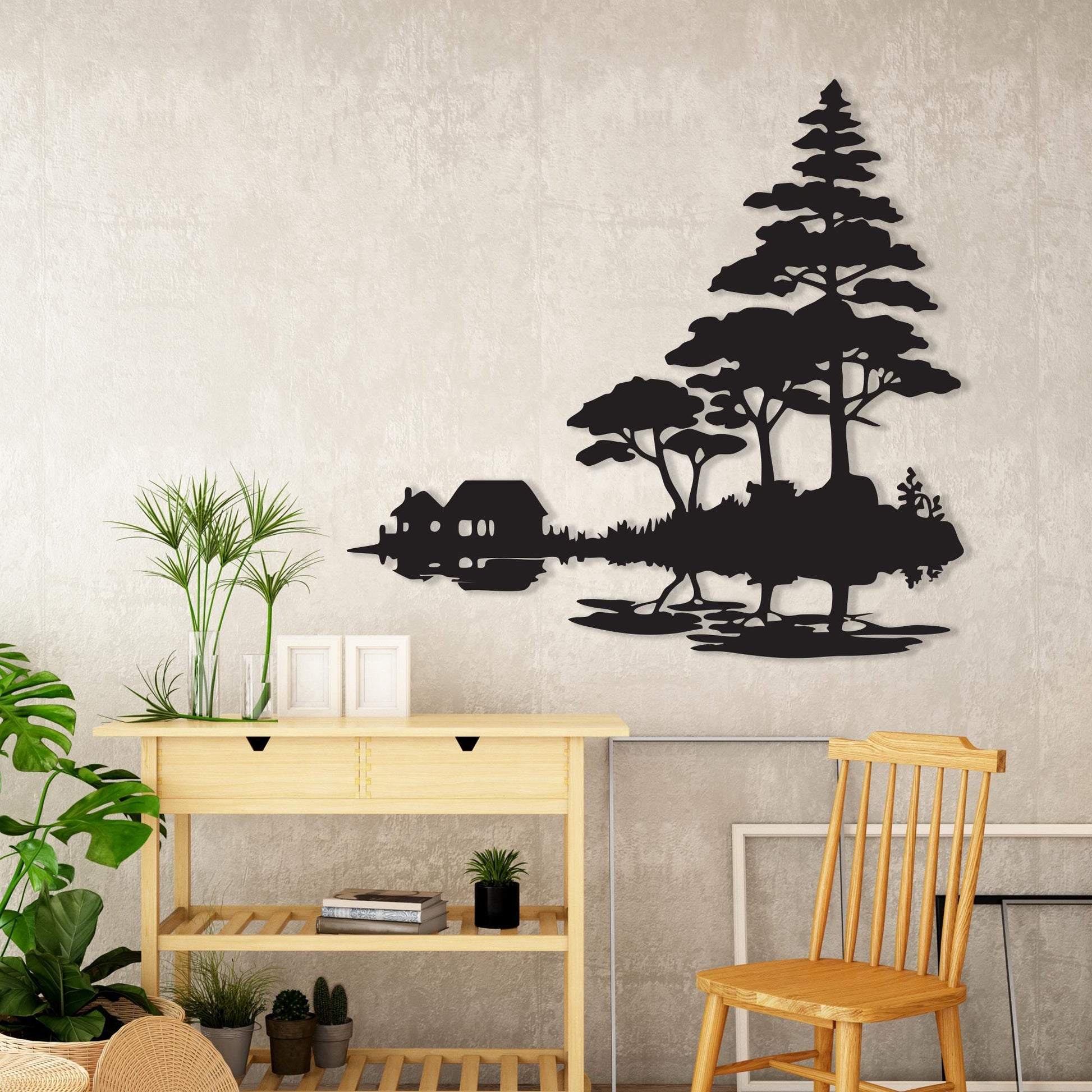Cabin Lake Metal Wall Art, Rustic Nature Silhouette, Modern Decor | Wallsignature