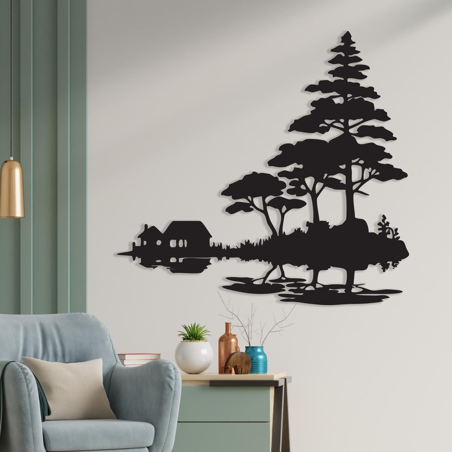 Cabin Lake Metal Wall Art, Rustic Nature Silhouette, Modern Decor | Wallsignature
