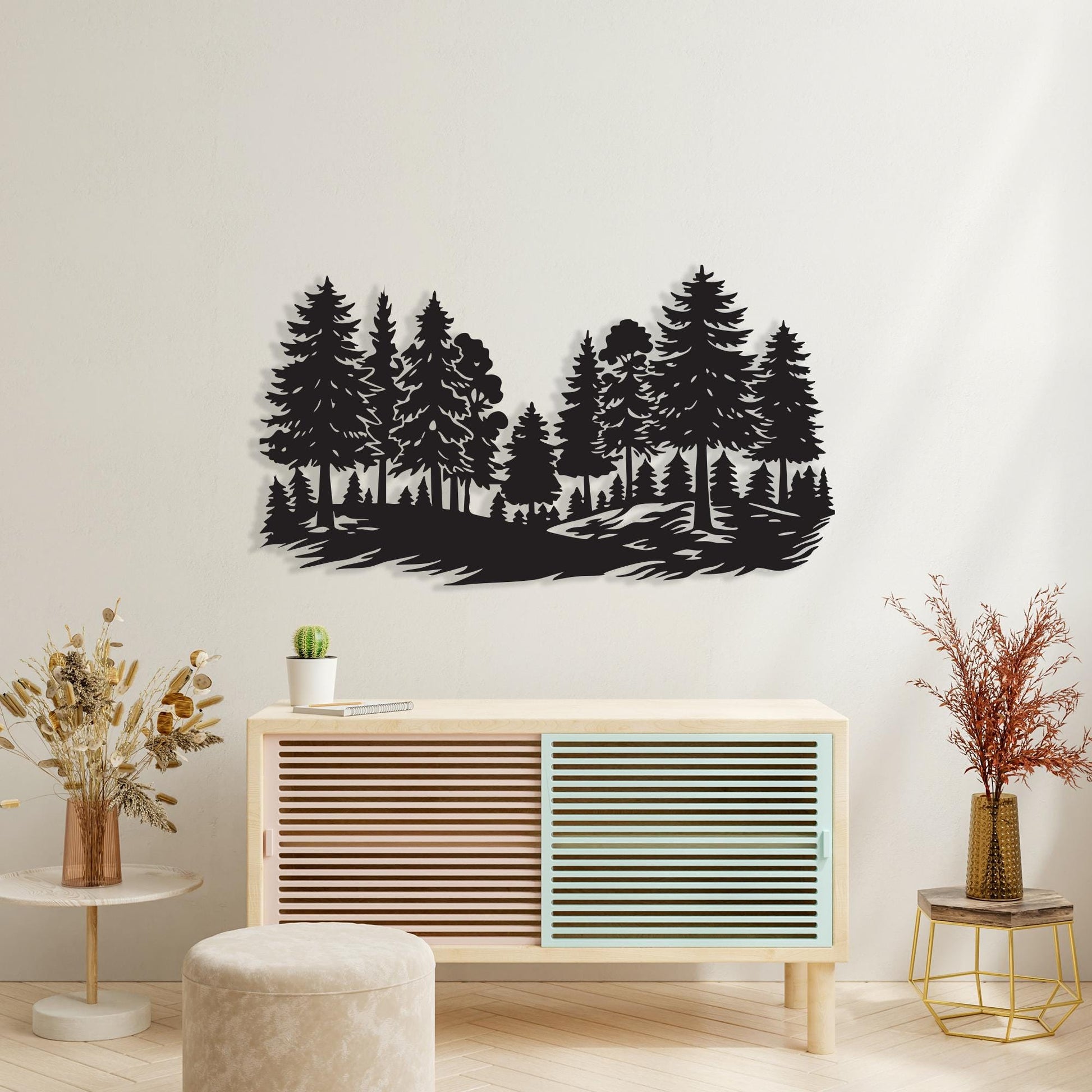 Pine Forest Metal Wall Art styled above a sofa